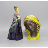 Emilie Schleiss (1880-1962), two ceramic figures including a wall mask and church goer figure