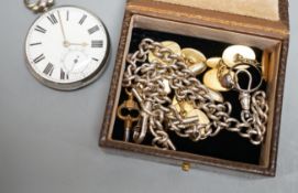 A Victorian silver open face pocket watch, with Roman dial, a metal albert and various gold plated