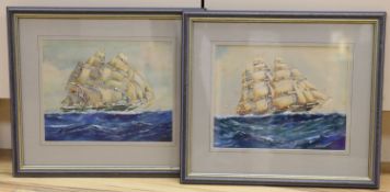 J.W. Hardcastle (1884-1973), pair of watercolours, tallships at sea, one signed, 21 x 27cm.