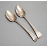 A pair of George III silver Old English spoons, with bright cut engraving, William Sumner, London,