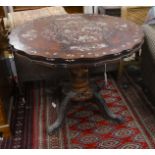 A Chinese carved hardwood circular inlaid centre table, diameter 122cm, height 87cm