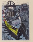 Brian Murray, linoprint, 'Landing the catch', signed, 2/5, 44 x 37cm