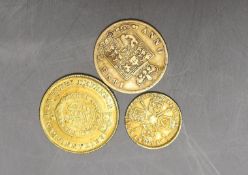 A George III half guinea 1806, good F, a George IV half sovereign 1825, about F, and a George I