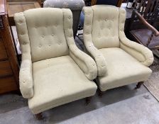 A pair of Victorian upholstered low elbow chairs, width 72cm, depth 80cm, height 80cm