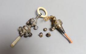 A George V silver, bone and mother of pearl mounted child's rattle, 16.1cm and a similar rattle with