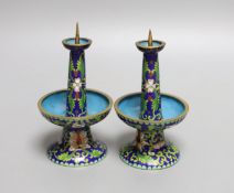 A pair of blue cloisonne pricket candlesticks - 12cm tall