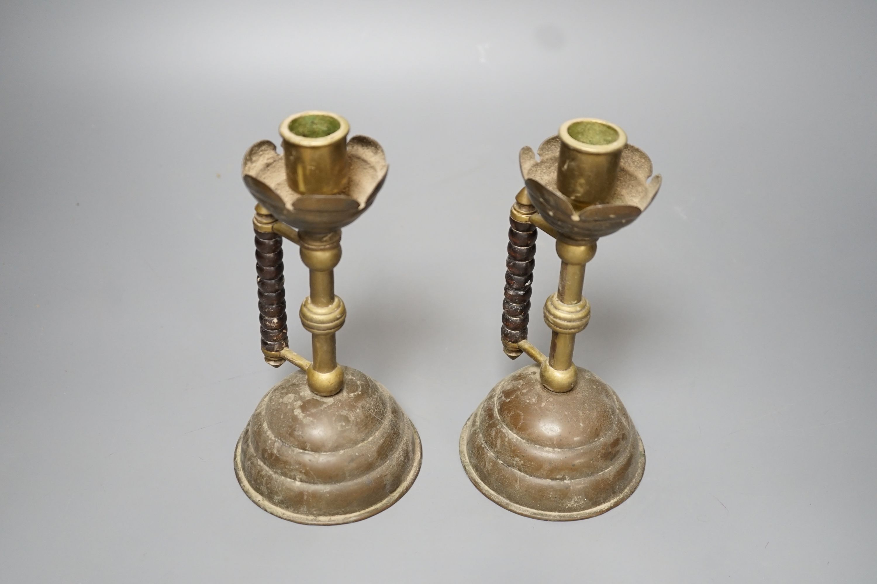 A pair of Gothic brass stem cup and handled candlesticks - 19.5cm high - Image 3 of 3