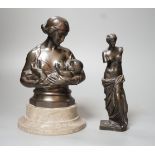 A bronze figure of the Venus de Milo, 16cm, together with another bronze bust of mother and child on