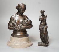 A bronze figure of the Venus de Milo, 16cm, together with another bronze bust of mother and child on