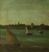 Dutch School, oil on wooden panel, Fishing boats off the coast, a town beyond, 41 x 37cm