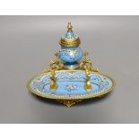 A French gilt metal and ‘jewelled’ enamel inkstand 15cm wide
