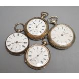 Two silver open face pocket watches including Henry Peck, London and two other pocket watches