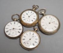 Two silver open face pocket watches including Henry Peck, London and two other pocket watches