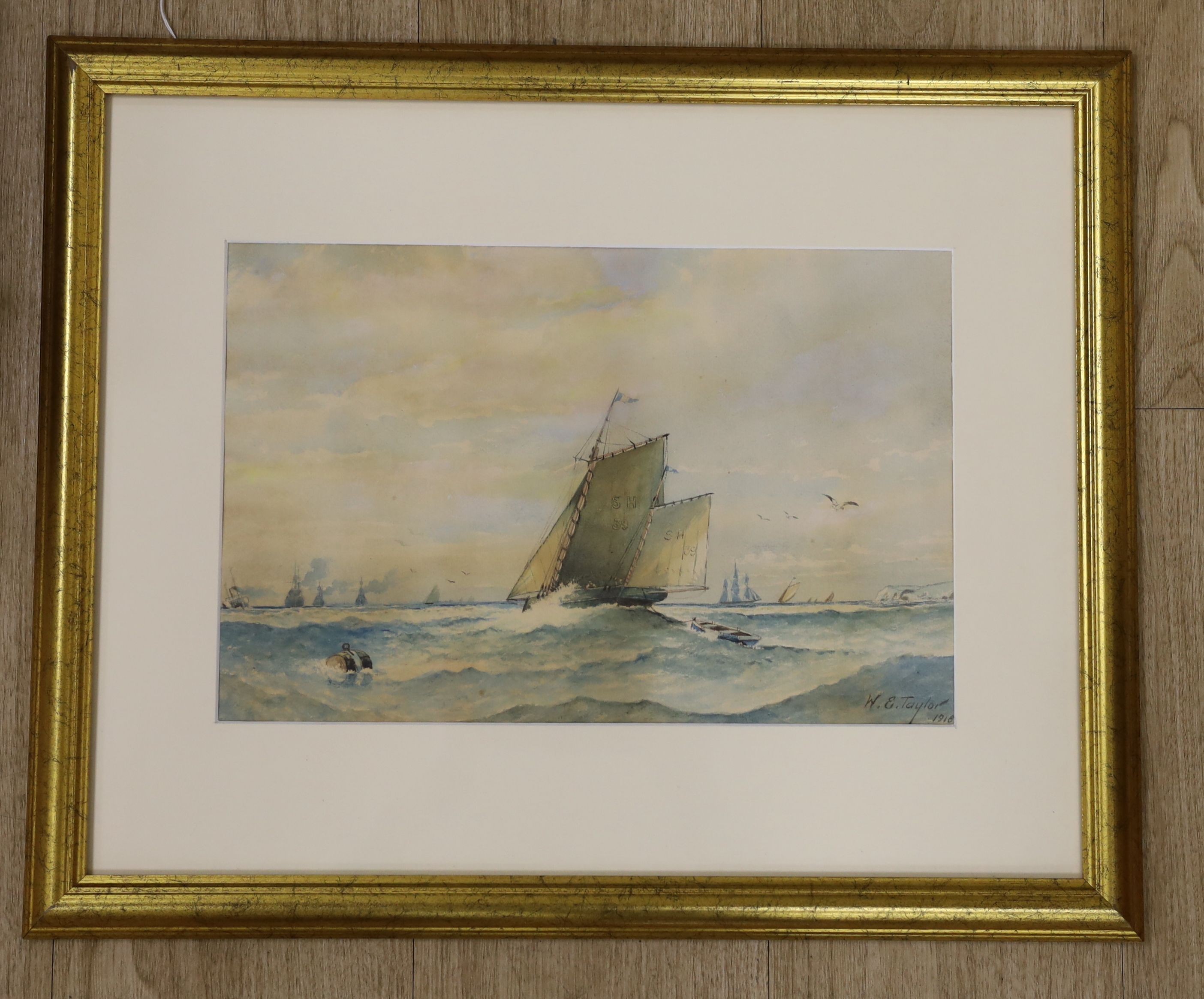 W. E. Taylor, watercolour, Shipping off the coast, signed and dated 1918, 24 x 37cm - Image 2 of 3