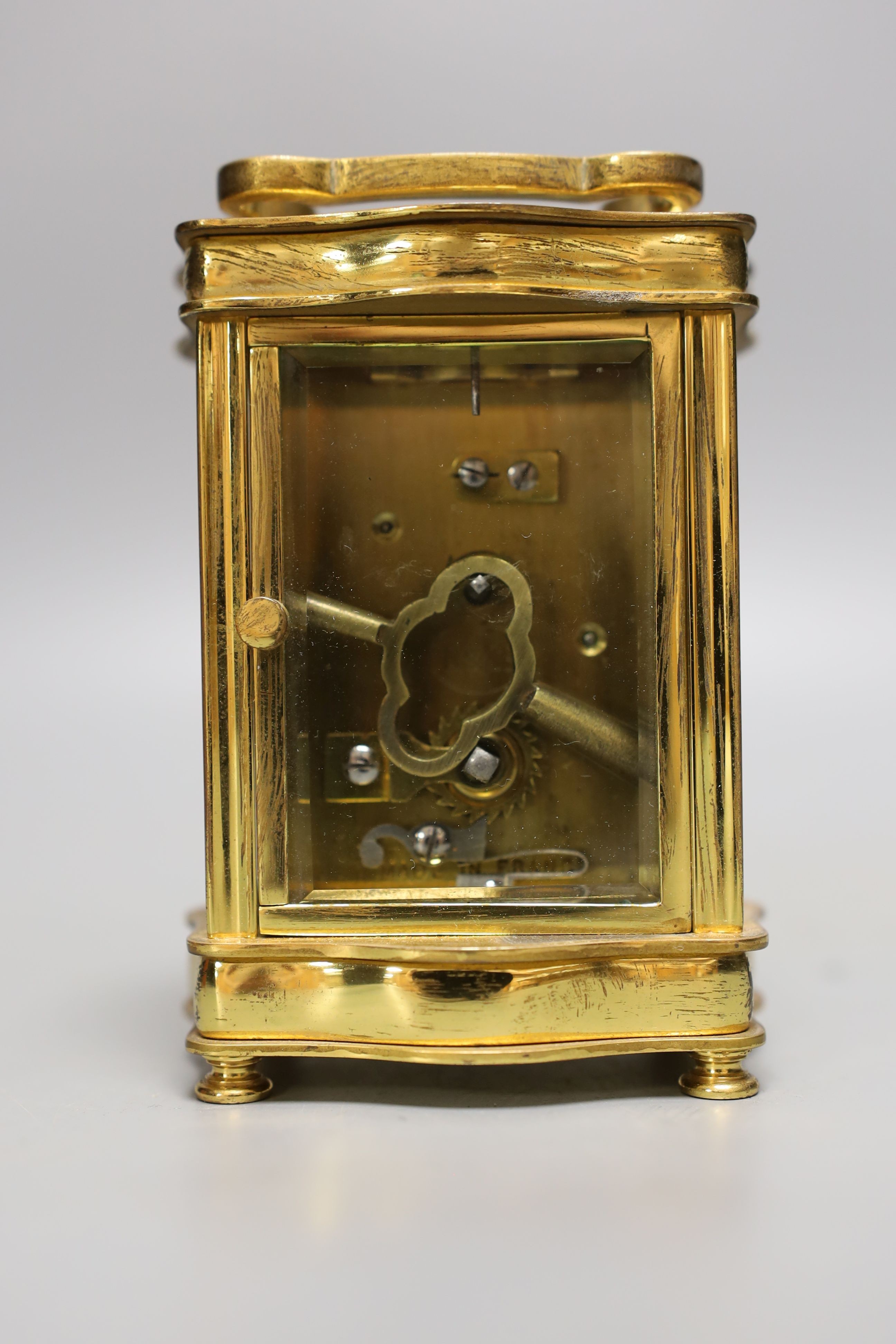 A French brass cased carriage timepiece with case. 11cm - Image 3 of 5