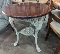 A Victorian white painted cast iron Britannia pub table with circular mahogany top, diameter 66cm,