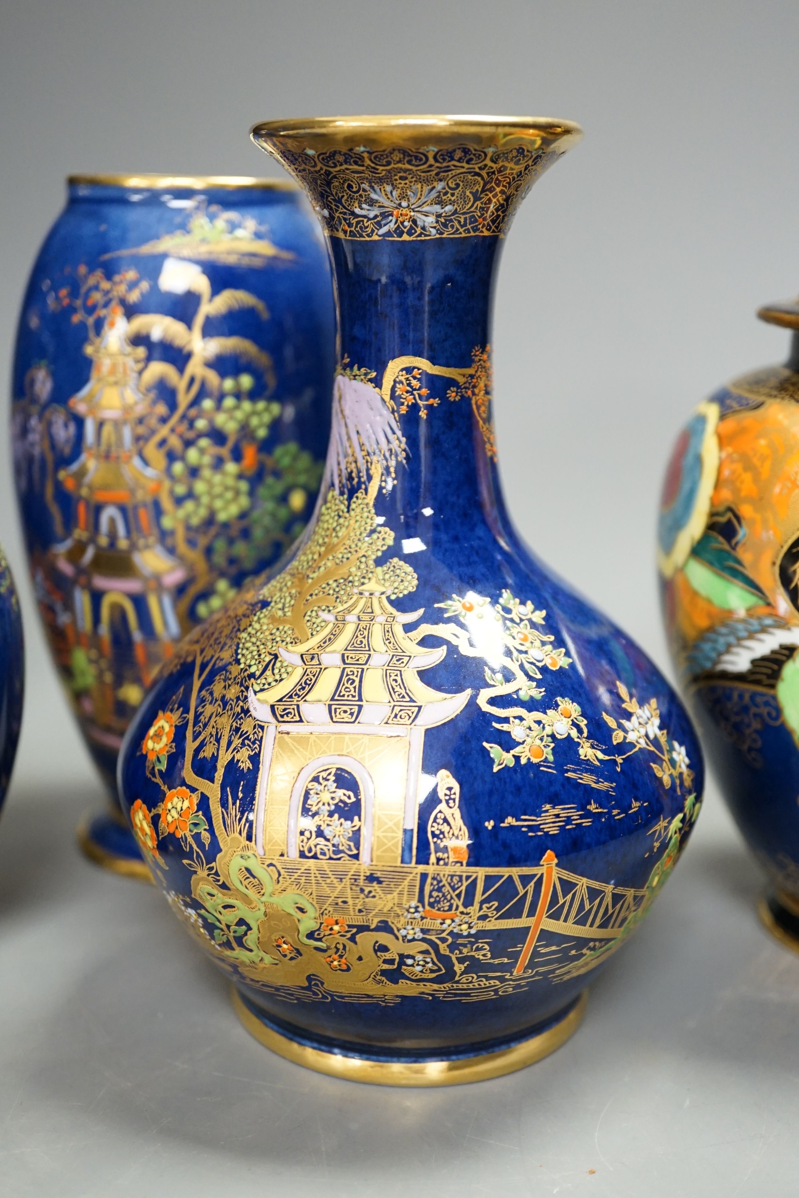 A group of Carlton ware blue ground chinoiserie lustre vases, tallest 18cm (5) - Image 5 of 7