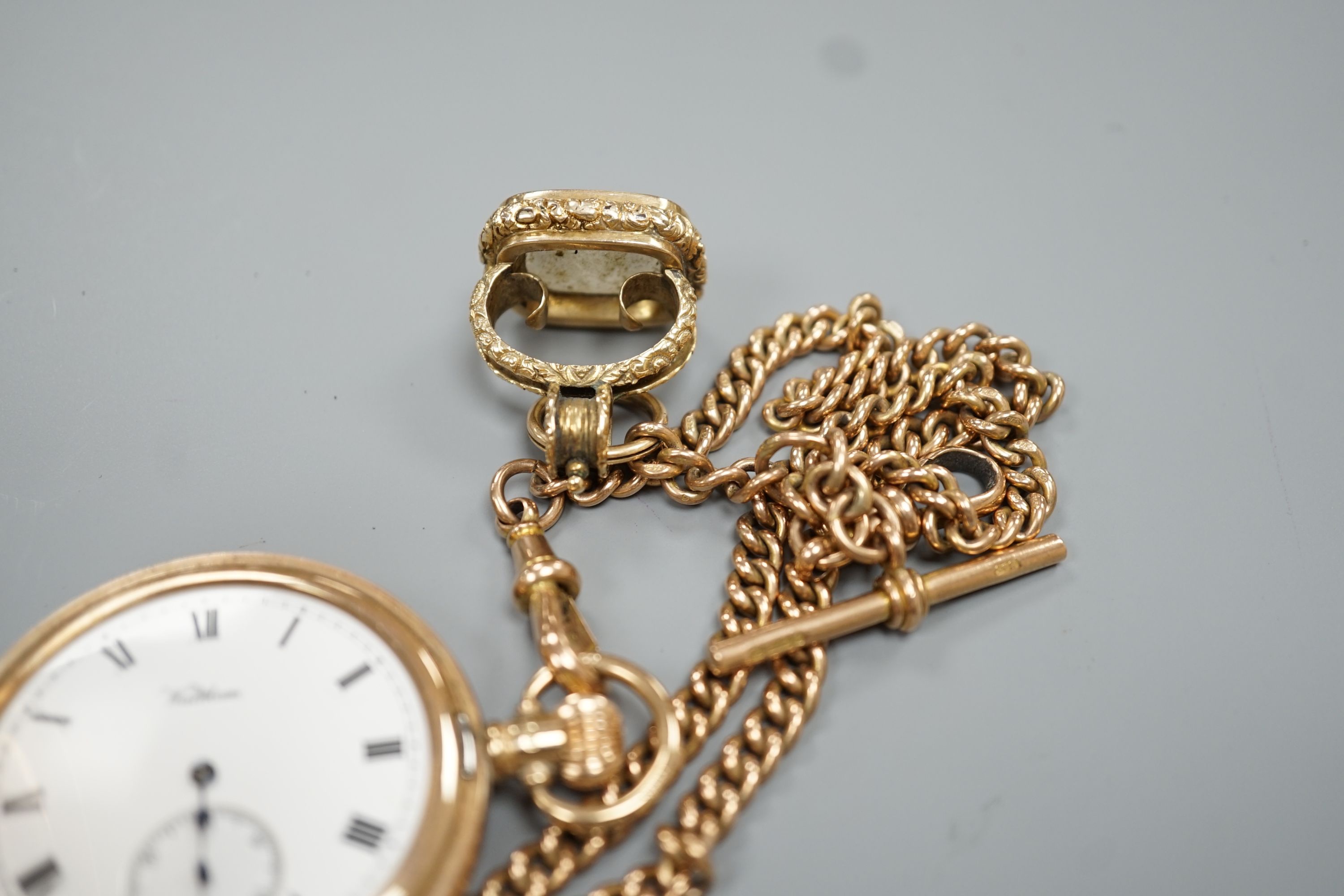 A 1920's 9ct gold Waltham keyless half hunter pocket watch, on a 9ct gold albert, hung with a - Image 4 of 5
