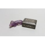 A carved amethyst type dog and a Bidri ware box