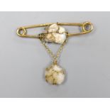 An early 20th century 9ct and two stone baroque pearl set drop brooch by Murrle Bennett & Co,