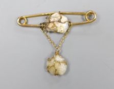 An early 20th century 9ct and two stone baroque pearl set drop brooch by Murrle Bennett & Co,