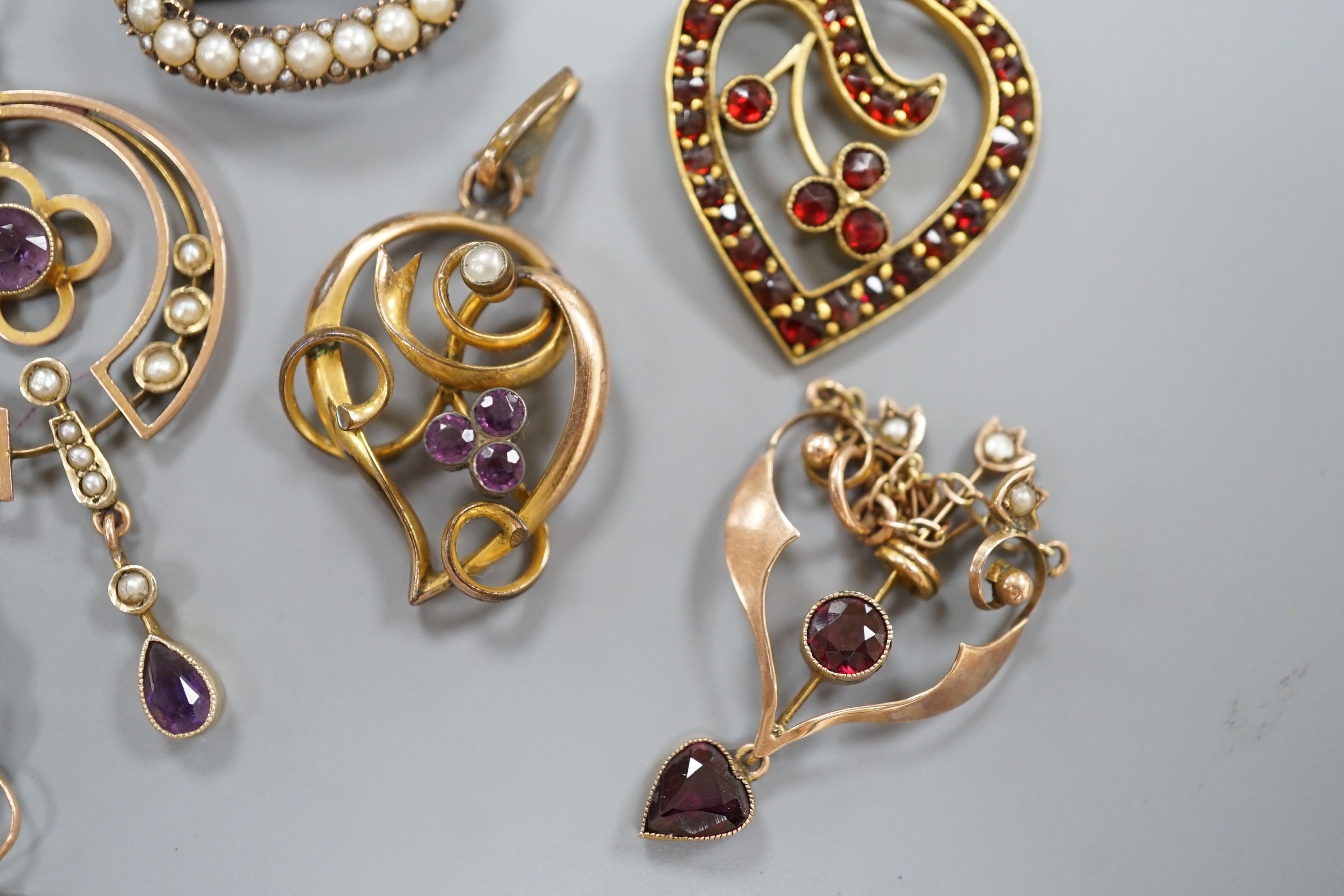 Three early 20th century yellow metal and gem set drop pendants, including two stamped 9ct and two - Image 6 of 6