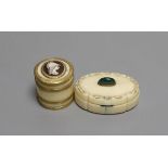 An 18th century yellow metal banded ivory counter box and oval ivory green cabochon mounted snuff