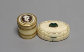 An 18th century yellow metal banded ivory counter box and oval ivory green cabochon mounted snuff