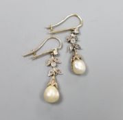 A pair of yellow metal ,cultured pearl and rose cut diamond set drop earrings, 20mm, gross weight
