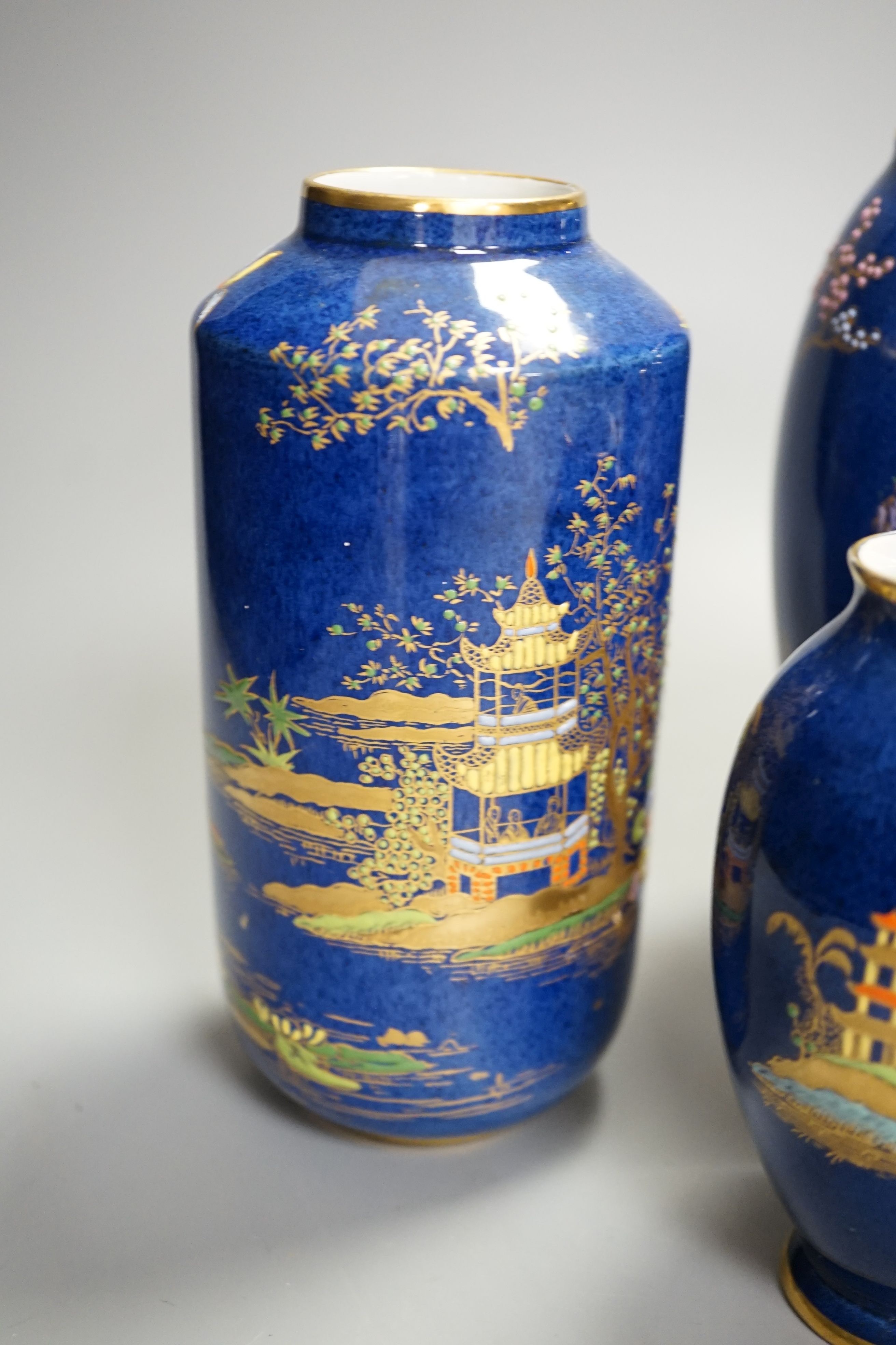 A group of Carlton ware blue ground chinoiserie lustre vases, tallest 18cm (5) - Image 3 of 7