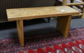 A Cotswold style small oak bench stamped 'W H Pinner', width 78cm, depth 27cm, height 34cm