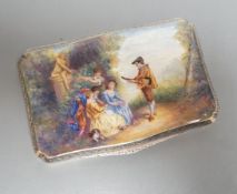 A 1920's continental silver and painted enamel rectangular snuff box, import marks for H.C. Freeman,