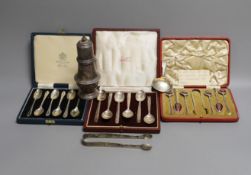 Two cased sets of six silver teaspoons including Art Deco and a cased set of Scandinavian gilt white