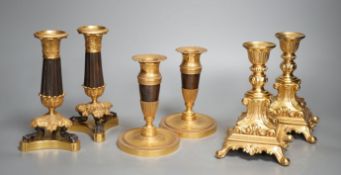 Three pairs of gilt metal candlesticks, tallest 16cm