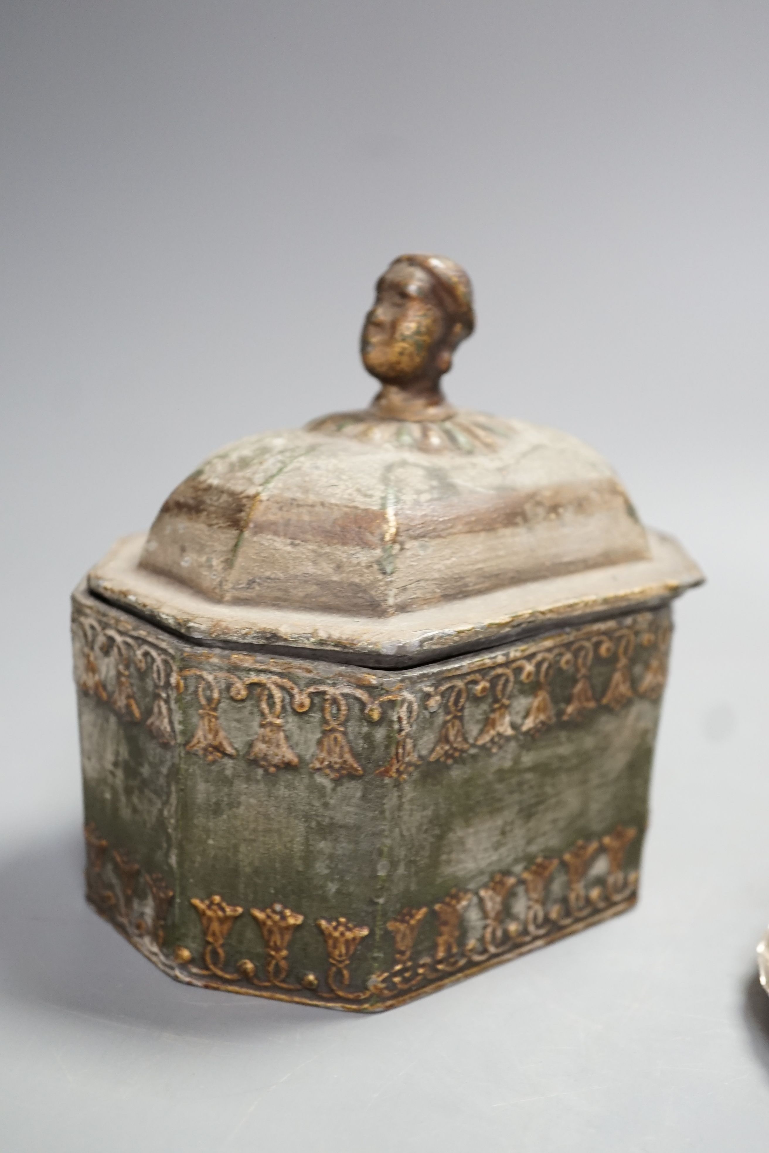 A Regency octagonal lead tobacco box, weight and cover, with slave-head finial, 14cm tall, and - Image 4 of 6