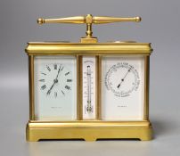 A French combination brass carriage timepiece, barometer, thermometer and compass, retailed by