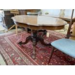 A Victorian oval rosewood tilt top centre table, width 132cm, depth 84cm, height 74cm
