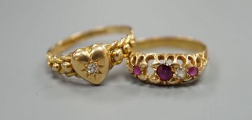 Two early 20th century 18t gold and gem set ring, including heart shape with diamond, sizes N/O