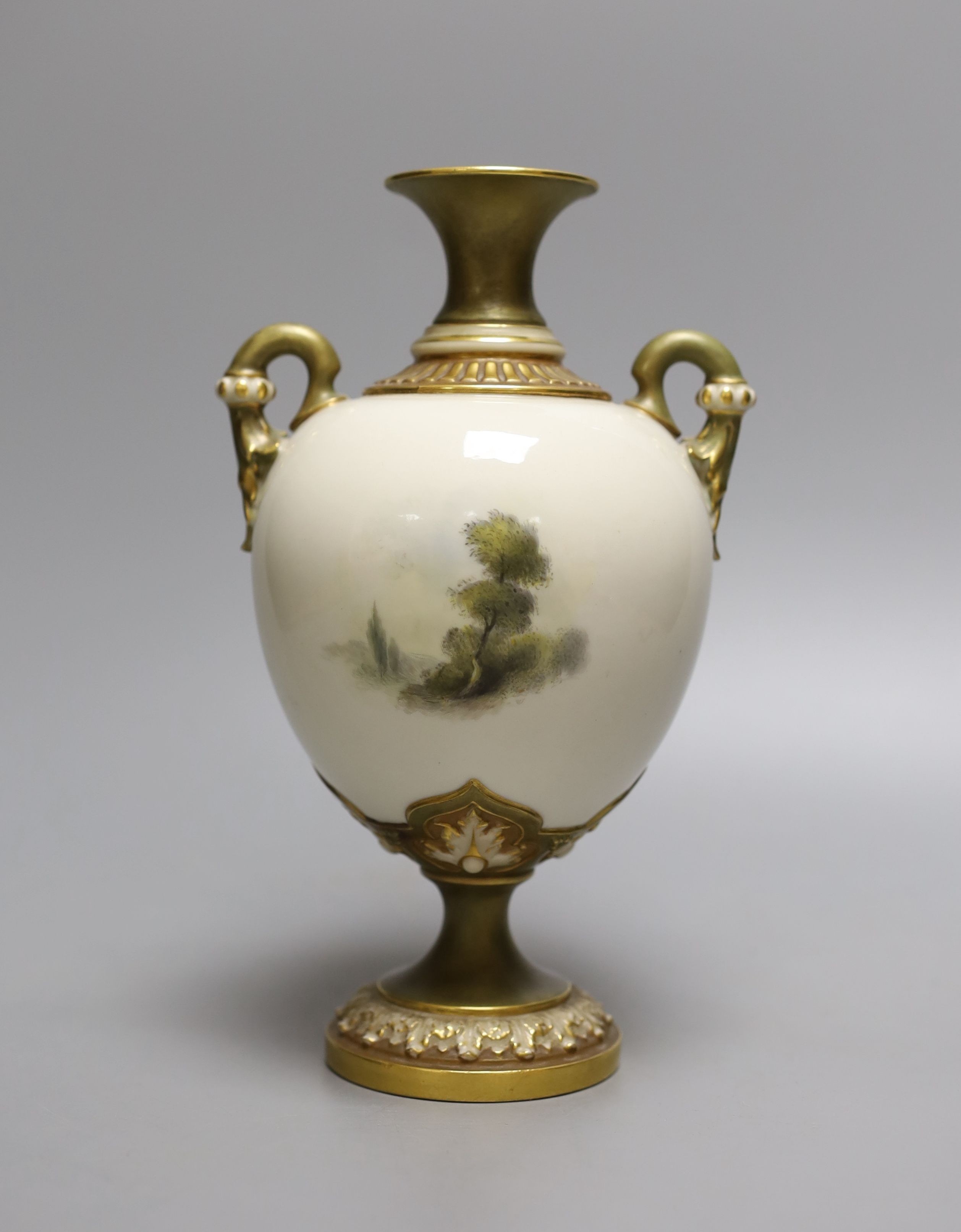 A Royal Worcester two handled vase painted with Caerphilly Castle by C. Johnson, c.1912, 21.5cm - Image 2 of 4