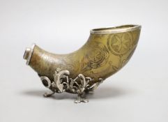 An 18th century, silver mounted decorated horn, with lapis mount,25 cms wide.