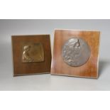 Two Stefan Schwartz bronze relief plaque, mounted on mahogany easels. Largest easel 16cm sq