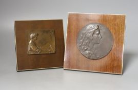 Two Stefan Schwartz bronze relief plaque, mounted on mahogany easels. Largest easel 16cm sq