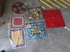 An Ottoman silk Koran cloth, three needle and bead work covers and assorted textiles