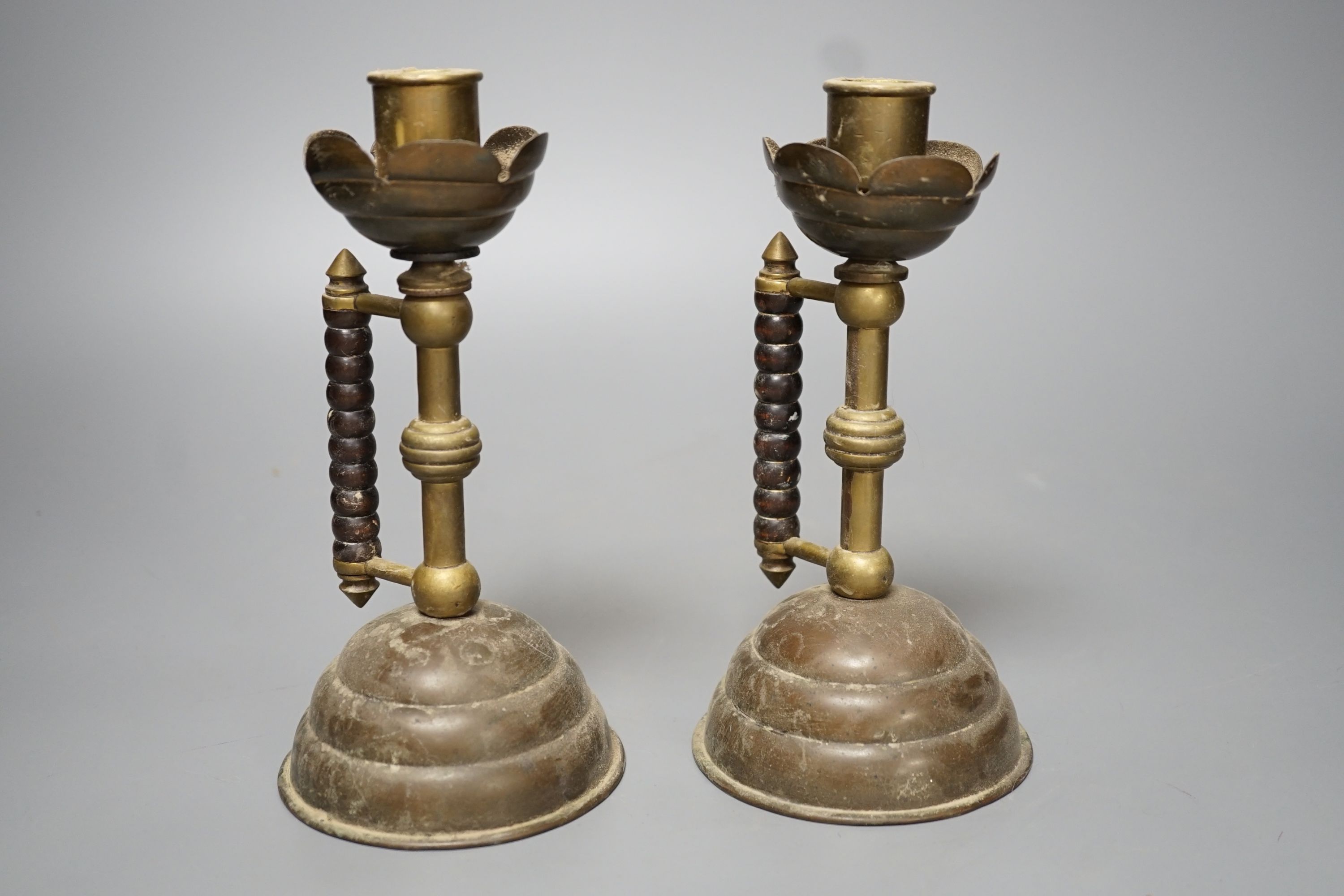 A pair of Gothic brass stem cup and handled candlesticks - 19.5cm high - Image 2 of 3