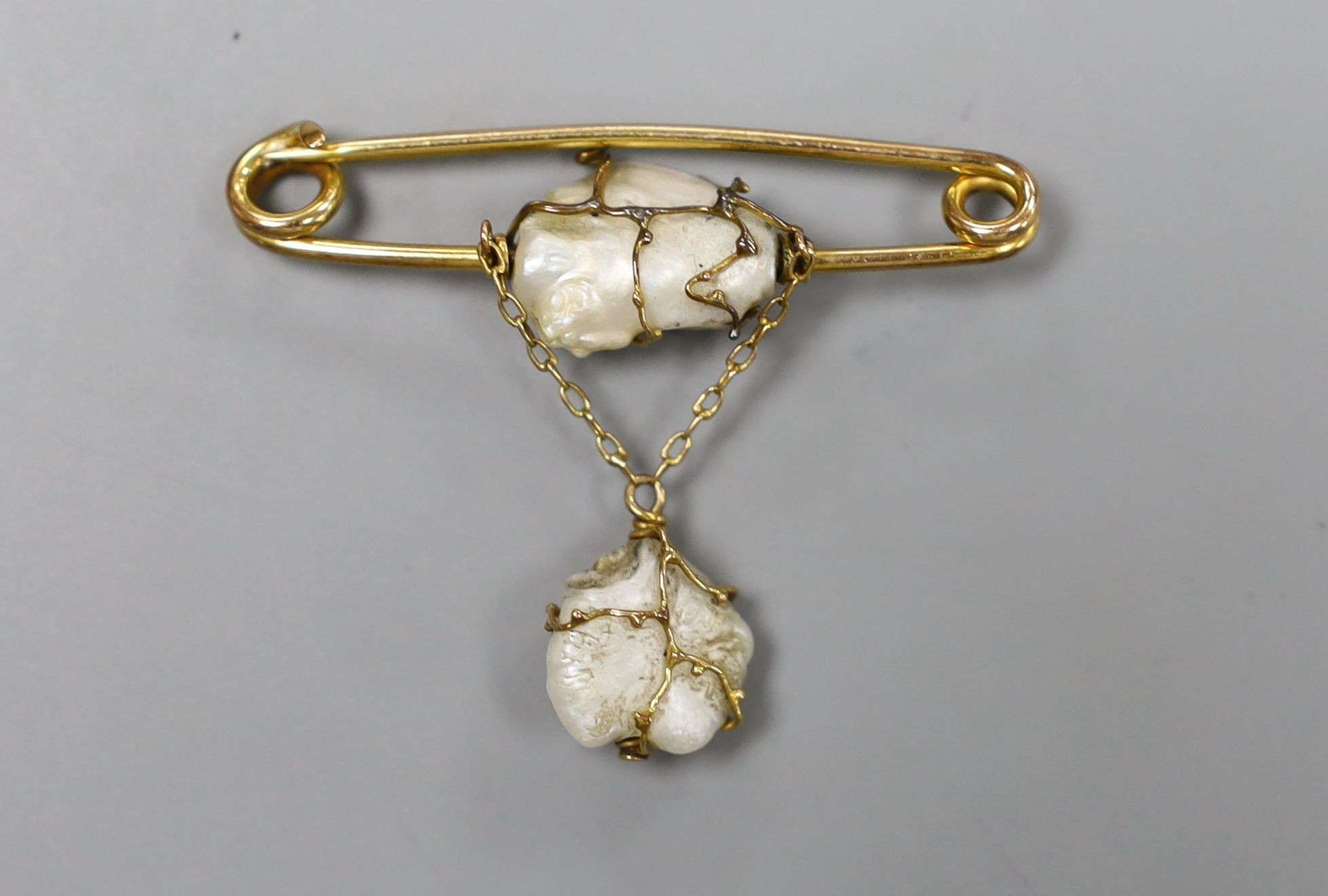 An early 20th century 9ct and two stone baroque pearl set drop brooch by Murrle Bennett & Co, - Image 2 of 2