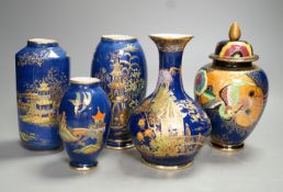 A group of Carlton ware blue ground chinoiserie lustre vases, tallest 18cm (5)