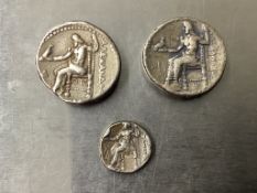 Two AR Tetradrachms, 17.2g, 23mm and 17.3g, 23mm and an AR drachm, 4.1g, 0.6mm, all with Head of