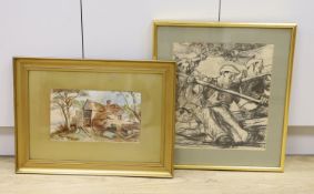 Sir Frank Brangwyn (1867-1956), lithograph, Oarsmen, 41 x 37cm and a watercolour of a mill by