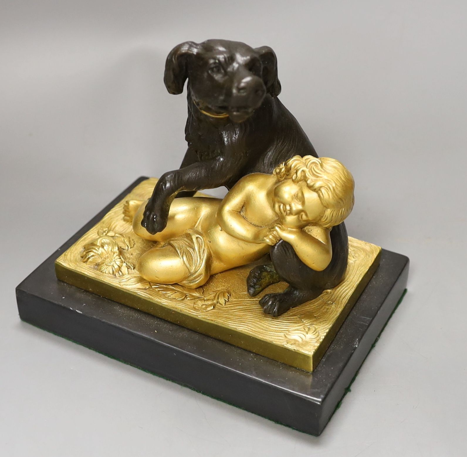 A French style gilt metal ‘urn’ inkstand/pot pourri and similar ‘dog and child’ paperweight. Tallest - Image 2 of 4