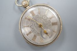 A Victorian engine turned silver open face keywind pocket watch, with gilt numeral Roman dial,